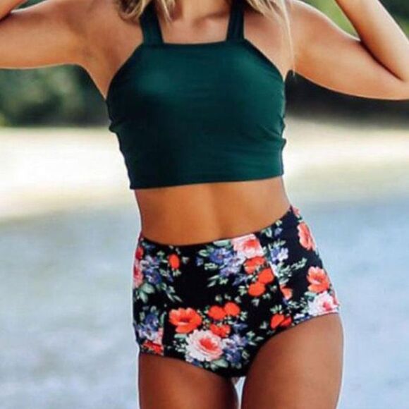 NWT Floral & Teal High Waist Bikini Set - Picture 1 of 9